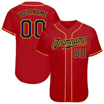 Custom Red Navy Pinstripe Navy-Gold Authentic Baseball Jersey - Monsterry
