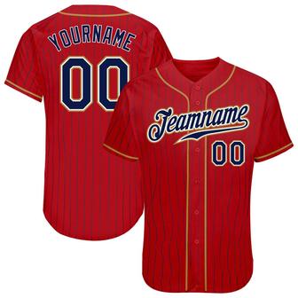 Custom Red Navy Pinstripe Navy-Old Gold Authentic Baseball Jersey - Monsterry