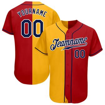 Custom Red Navy-Yellow Authentic Split Fashion Baseball Jersey - Monsterry DE