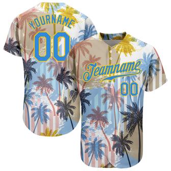 Custom White Electric Blue-Yellow 3D Pattern Design Hawaii Coconut Palms Authentic Baseball Jersey - Monsterry UK