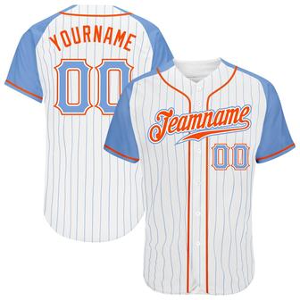Custom White Light Blue Pinstripe Light Blue-Orange Authentic Raglan Sleeves Baseball Jersey - Monsterry DE
