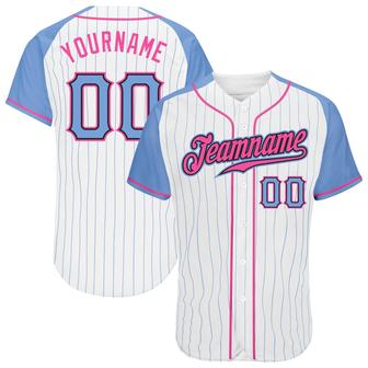 Custom White Light Blue Pinstripe Light Blue-Pink Authentic Raglan Sleeves Baseball Jersey - Monsterry