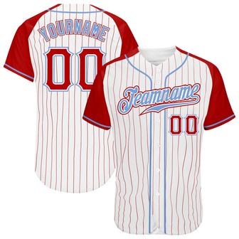 Custom White Red Pinstripe Red-Light Blue Authentic Raglan Sleeves Baseball Jersey - Monsterry CA