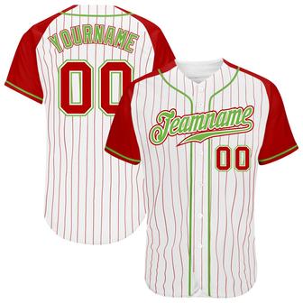 Custom White Red Pinstripe Red-Neon Green Authentic Raglan Sleeves Baseball Jersey - Monsterry DE
