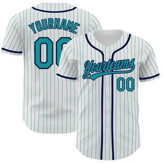 Custom White Teal Pinstripe Teal-Navy Authentic Baseball Jersey - Monsterry