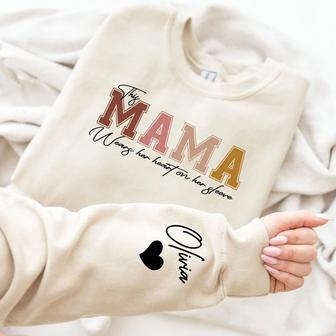 I Wear My Heart On My Sleeve Mothers Day Sweatshirt Custom Mama Sweatshirt With Kids Name | Mazezy