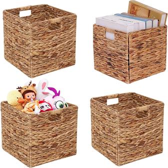 Storage Baskets Wicker Baskets 11in Foldable Handwoven Water Hyacinth Laundry Organizer Set 4 pcs | Rusticozy