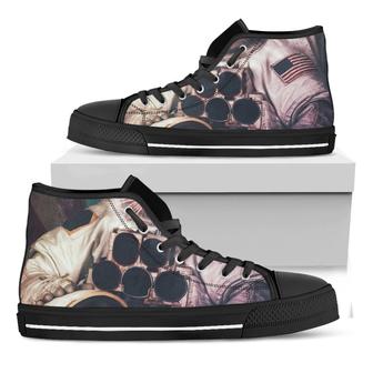 American Astronaut Cat Print Black High Top Shoes - Monsterry