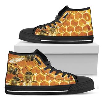 Bees And Honeycomb Print Black High Top Shoes - Monsterry