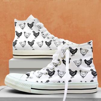 Black And White Hens Pattern High Top Shoes, Unisex Sneakers, Men And Women High Top Sneakers - Monsterry