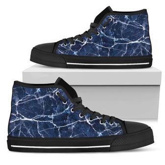 Blue White Marble Print Men's High Top Shoes - Monsterry UK