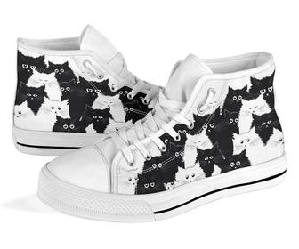 Cats High Tops For Womens Canvas Shoes For Men Funny Cats Shoes Black And White Sneakers Gift For Cat - Monsterry DE
