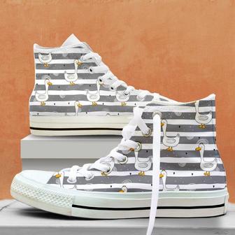 Cute Duck Pattern High Top Shoes, Unisex Sneakers, Men And Women High Top Sneakers - Monsterry