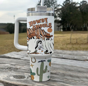 Funny Western Cowboy Howdy Ghoul - 40oz Tumbler Cup With Straw - THEGIFTIO