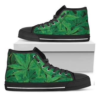 Green Marijuana Leaf Print Black High Top Shoes - Monsterry UK