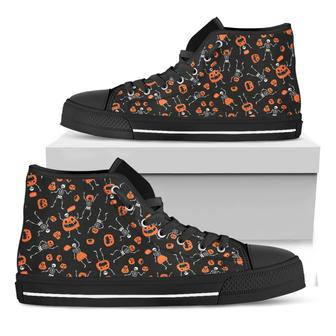 Halloween Skeleton And Pumpkin Print Black High Top Shoes - Monsterry CA