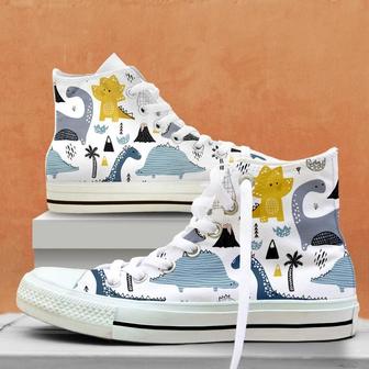 Hand Drawn Dino In Scandinavian Style Pattern High Top Shoes, Unisex Sneakers, Men And Women High - Monsterry