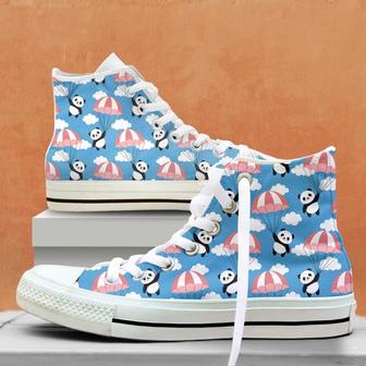 Happy Cute Panda Flying In The Sky High Top Shoes, Unisex Sneakers, Men And Women High Top Sneakers - Monsterry