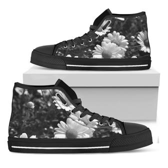 Monochrome Daisy Flower Print Black High Top Shoes - Monsterry