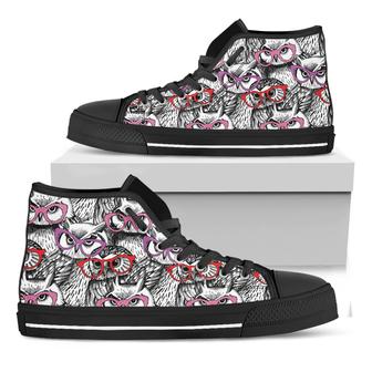 Owl With Glasses Pattern Print Black High Top Shoes - Monsterry CA