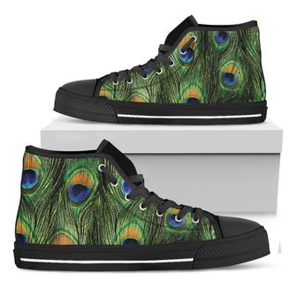 Peacock Tail Print Black High Top Shoes - Monsterry