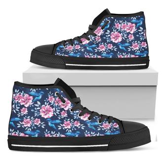 Pink Flowers And Hummingbird Print Black High Top Shoes - Monsterry CA