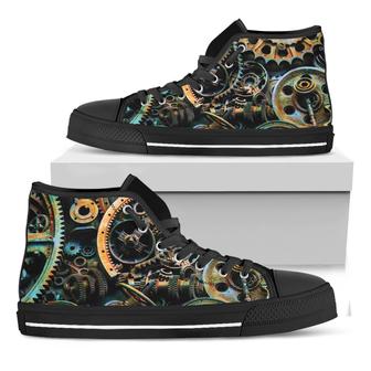 Steampunk Cogs And Gears Print Black High Top Shoes - Monsterry