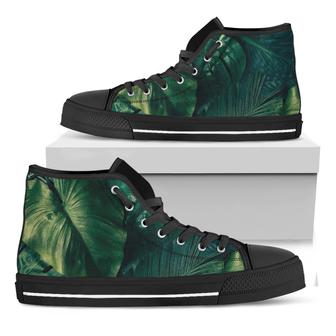 Tropical Green Leaves Print Black High Top Shoes - Monsterry