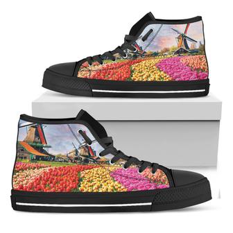Tulip Field Print Black High Top Shoes - Monsterry UK