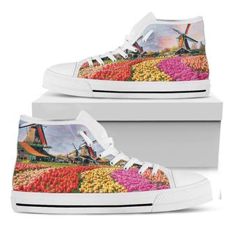 Tulip Field Print White High Top Shoes - Monsterry UK