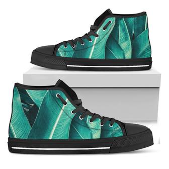 Turquoise Banana Leaf Print Black High Top Shoes - Monsterry AU