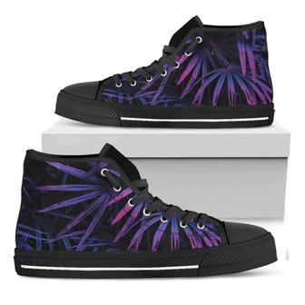 Violet Tropical Leaves Print Black High Top Shoes - Monsterry