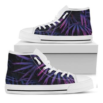 Violet Tropical Leaves Print White High Top Shoes - Monsterry