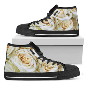White Rose Print Black High Top Shoes - Monsterry