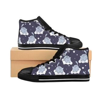 Women'S Or Teens Hightop Cat On A Cloud Sneakers, Cute Cat Print Shoes, Navy, Gray, And White, Unique, - Monsterry