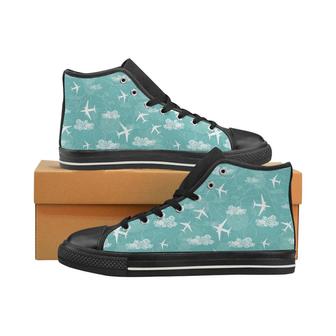 Airplane Cloud Pattern Green Background Men's High Top Shoes Black - Monsterry DE
