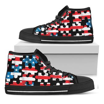 American Flag Jigsaw Puzzle Print Black High Top Shoes - Monsterry CA