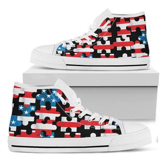 American Flag Jigsaw Puzzle Print White High Top Shoes - Monsterry DE