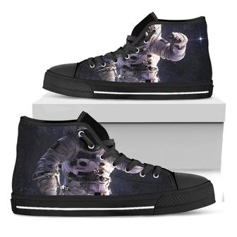 Astronaut Floating In Outer Space Print Black High Top Shoes - Monsterry
