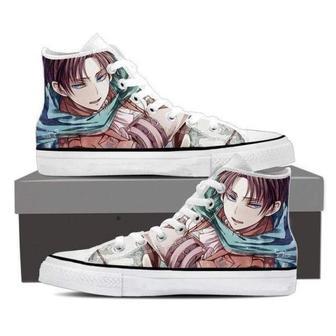 Attack On Titan Levi Smiling For Lovers Gift For Fan Custom Canvas High Top Shoes | Favorety CA