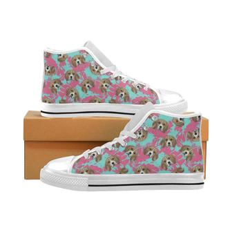 Beagle muzzles turquoise paint splashes pink patte Men's High Top Shoes White - Monsterry