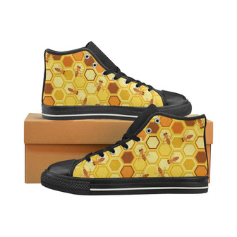 Bee and Honeycomb Pattern Men's High Top Shoes Black - Monsterry