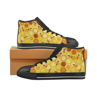 Bee and Honeycomb Pattern Women's High Top Shoes Black - Monsterry