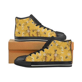 Bee flower pattern Women's High Top Shoes Black - Monsterry