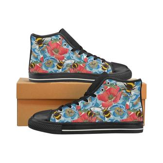 Bee Red and Blue Hibiscus Pattern Women's High Top Shoes Black - Monsterry CA