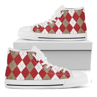 Beige Red And White Argyle White High Top Shoes - Monsterry CA