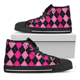 Black And Deep Pink Argyle Black High Top Shoes - Monsterry