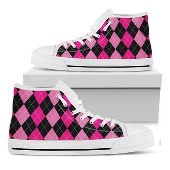 Black And Deep Pink Argyle White High Top Shoes - Monsterry CA