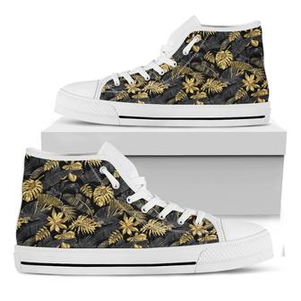 Black And Gold Tropical Pattern Print White High Top Shoes - Monsterry DE