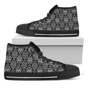 Black And White Calavera Skull Print Black High Top Shoes - Monsterry DE